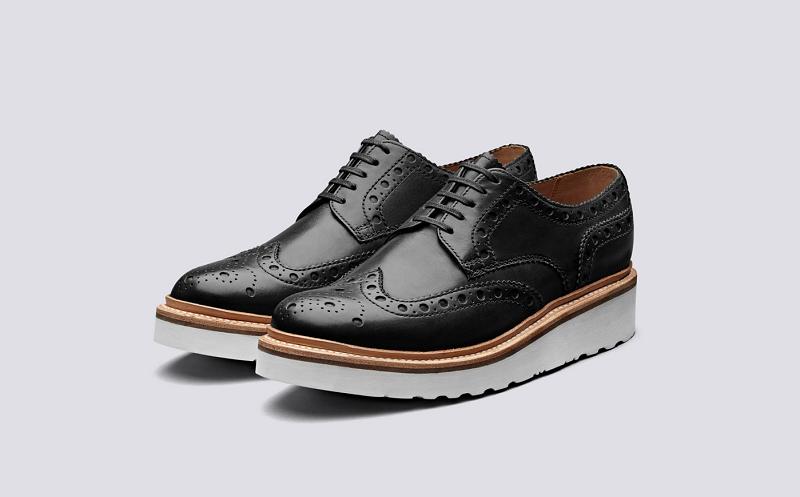 Grenson Archie Mens Gibson Brogue - Black Leather with a Wedge Sole ZY8379
